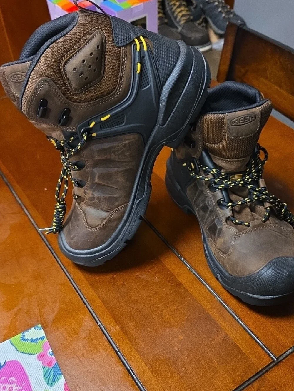 Keen Brown and Black Men's Waterproof Mid-Height Hiking Boot with Yellow Accents